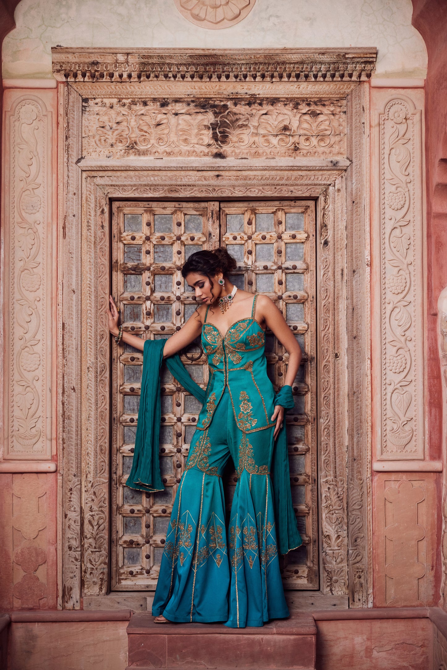 Teel turquise ombre shaded satin georgette kurti set with organza georgette dupatta and satin georgette gharara.