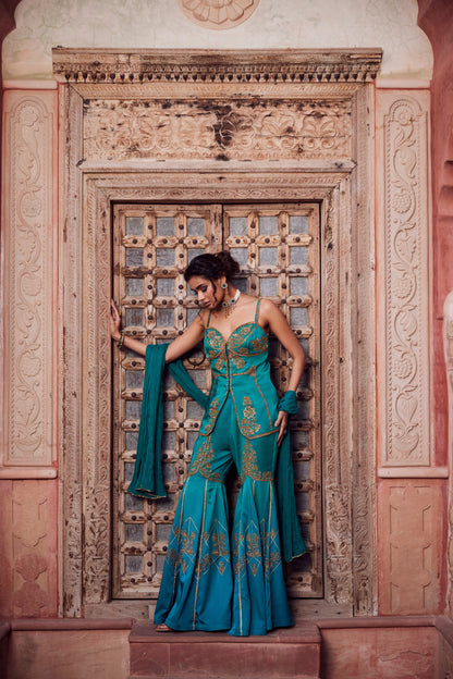 Teel turquise ombre shaded satin georgette kurti set with organza georgette dupatta and satin georgette gharara.