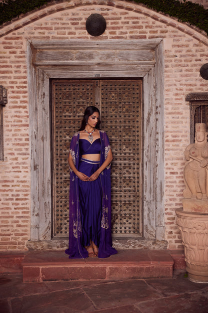 Purple ombre organza georgette cape set with rooshing purple bustier and satin georgget drape skirt.
