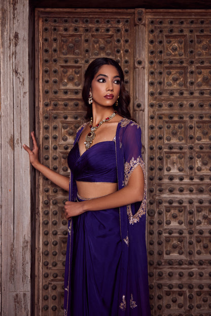 Purple ombre organza georgette cape set with rooshing purple bustier and satin georgget drape skirt.