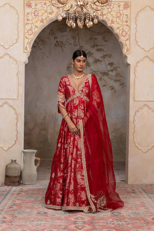 Red jacquard organza anarkali set