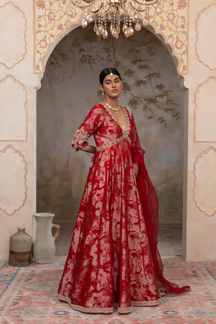 Red jacquard organza anarkali set