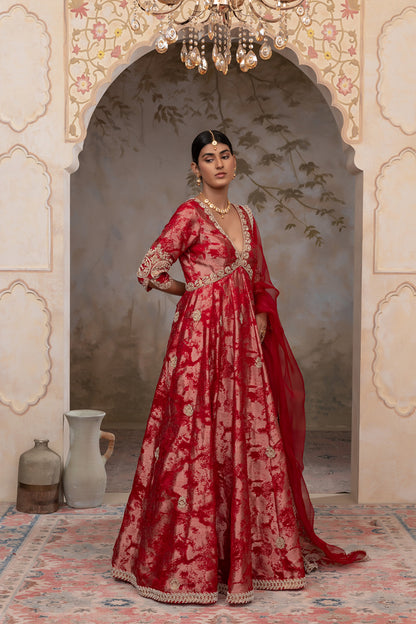 Red jacquard organza anarkali set