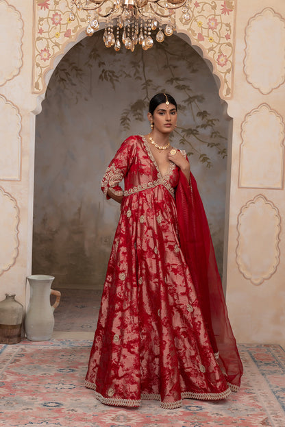 Red jacquard organza anarkali set