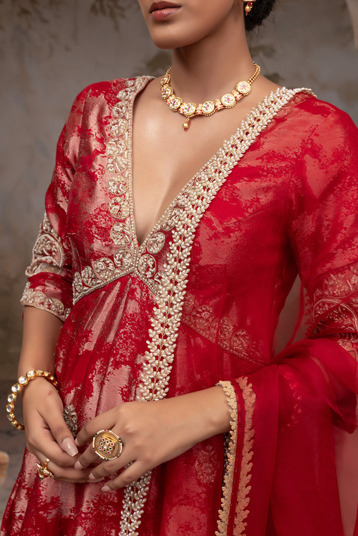 Red jacquard organza anarkali set