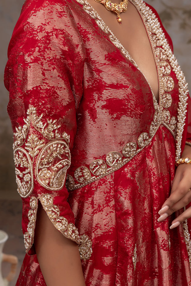 Red jacquard organza anarkali set