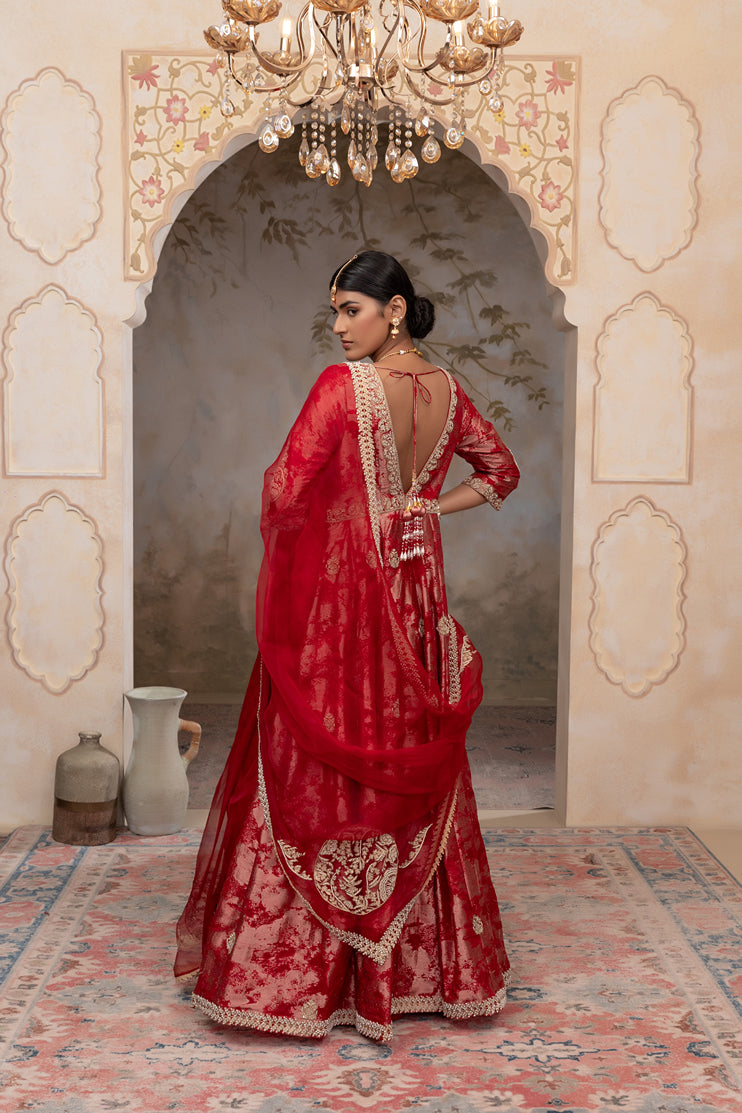 Red jacquard organza anarkali set