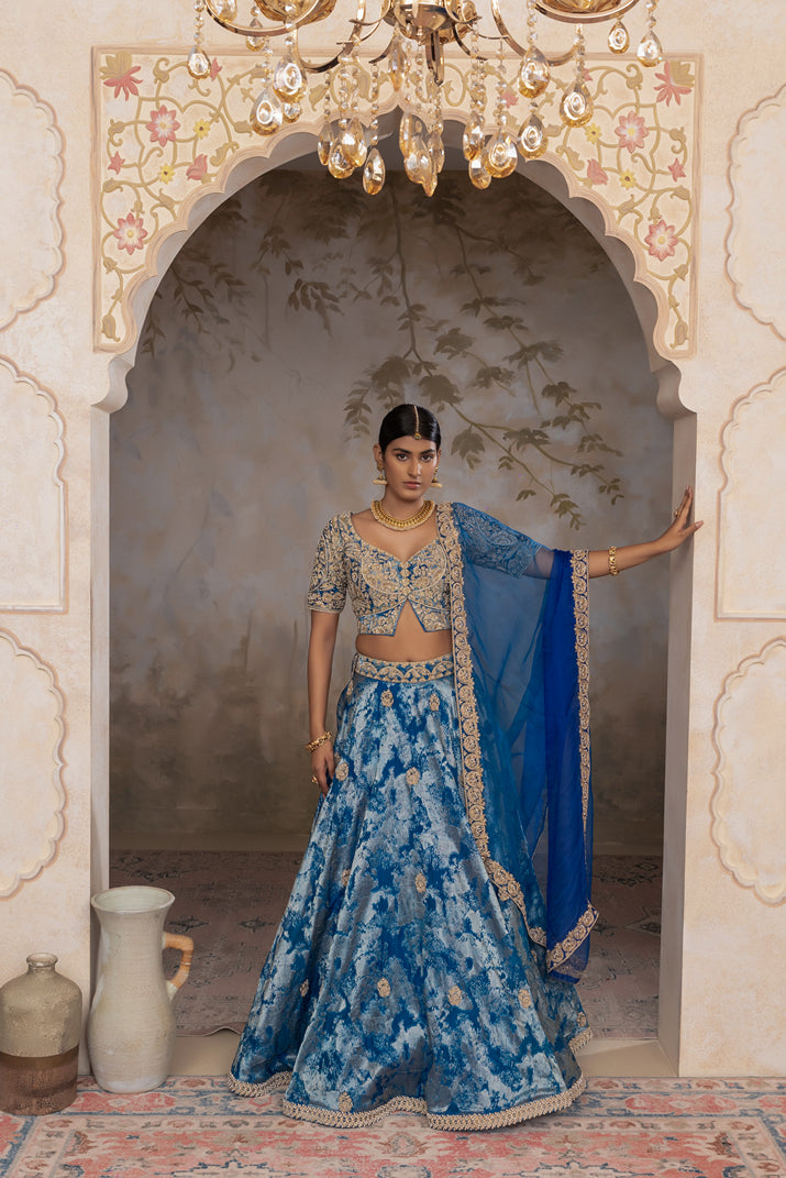 Peacock Blue jacquard organza Lehenga set