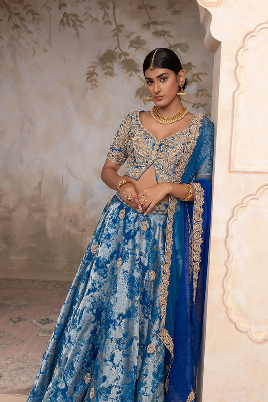 Peacock Blue jacquard organza Lehenga set