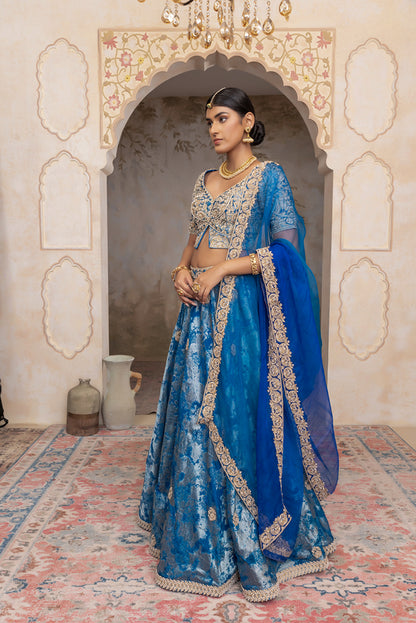 Peacock Blue jacquard organza Lehenga set