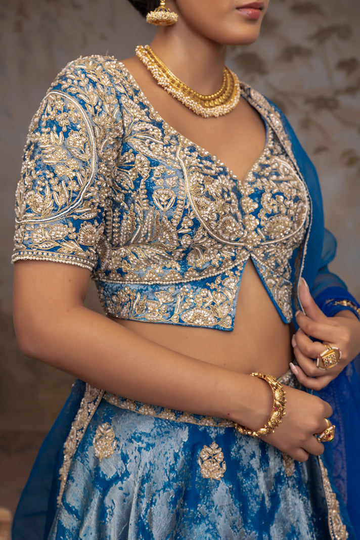 Peacock Blue jacquard organza Lehenga set