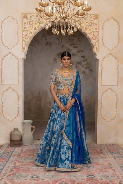 Peacock Blue jacquard organza Lehenga set