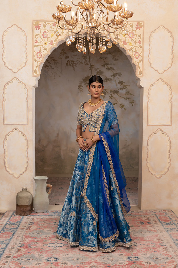 Peacock Blue jacquard organza Lehenga set