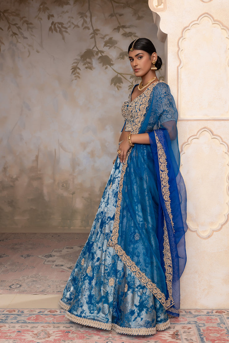 Peacock Blue jacquard organza Lehenga set