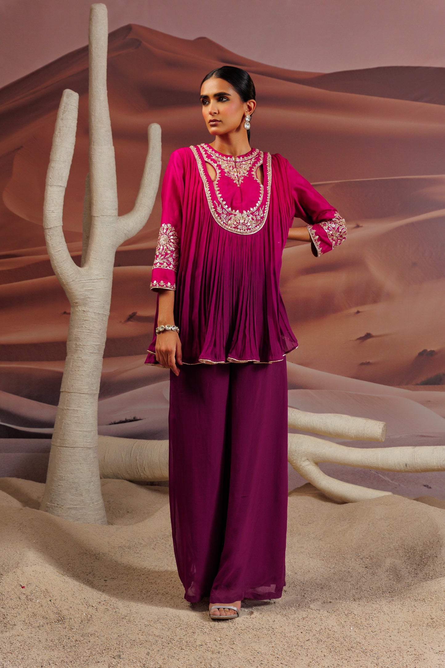 Fuschia purple shaded pleated top and palazo pant