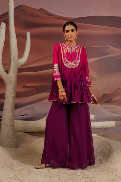 Fuschia purple shaded pleated top and palazo pant