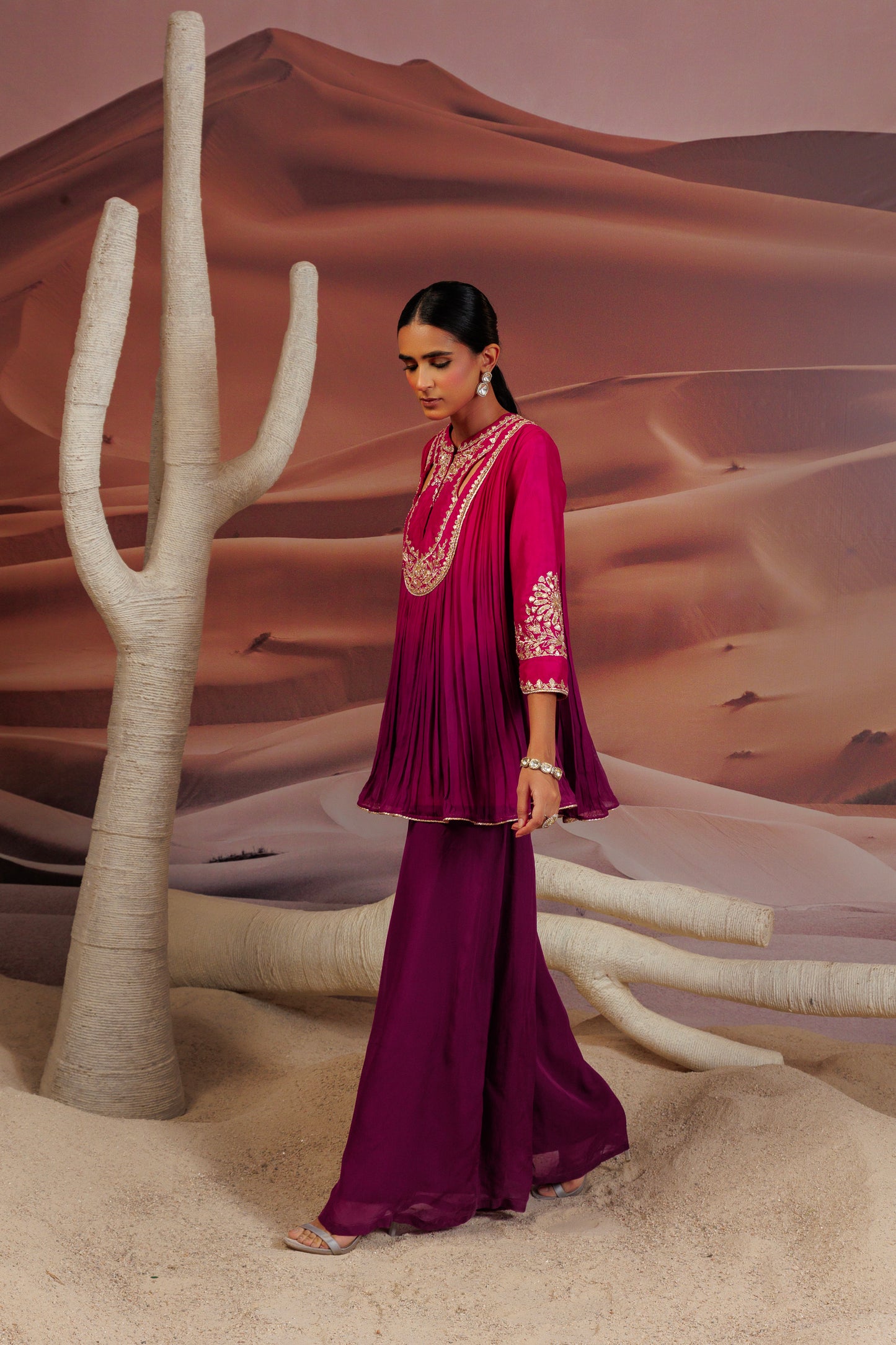 Fuschia purple shaded pleated top and palazo pant