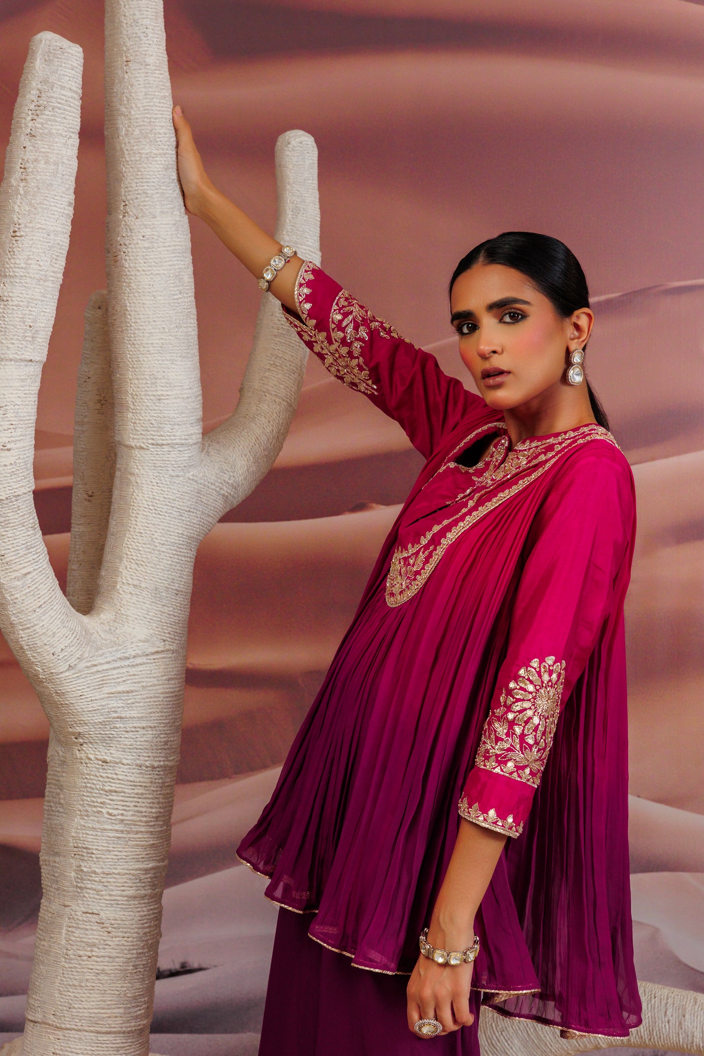 Fuschia purple shaded pleated top and palazo pant