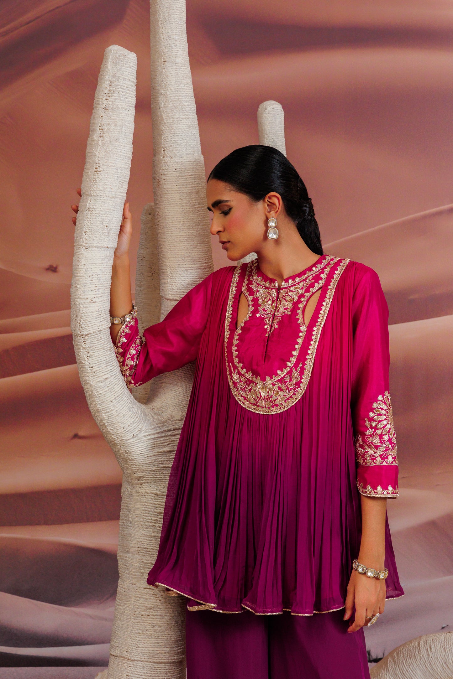 Fuschia purple shaded pleated top and palazo pant