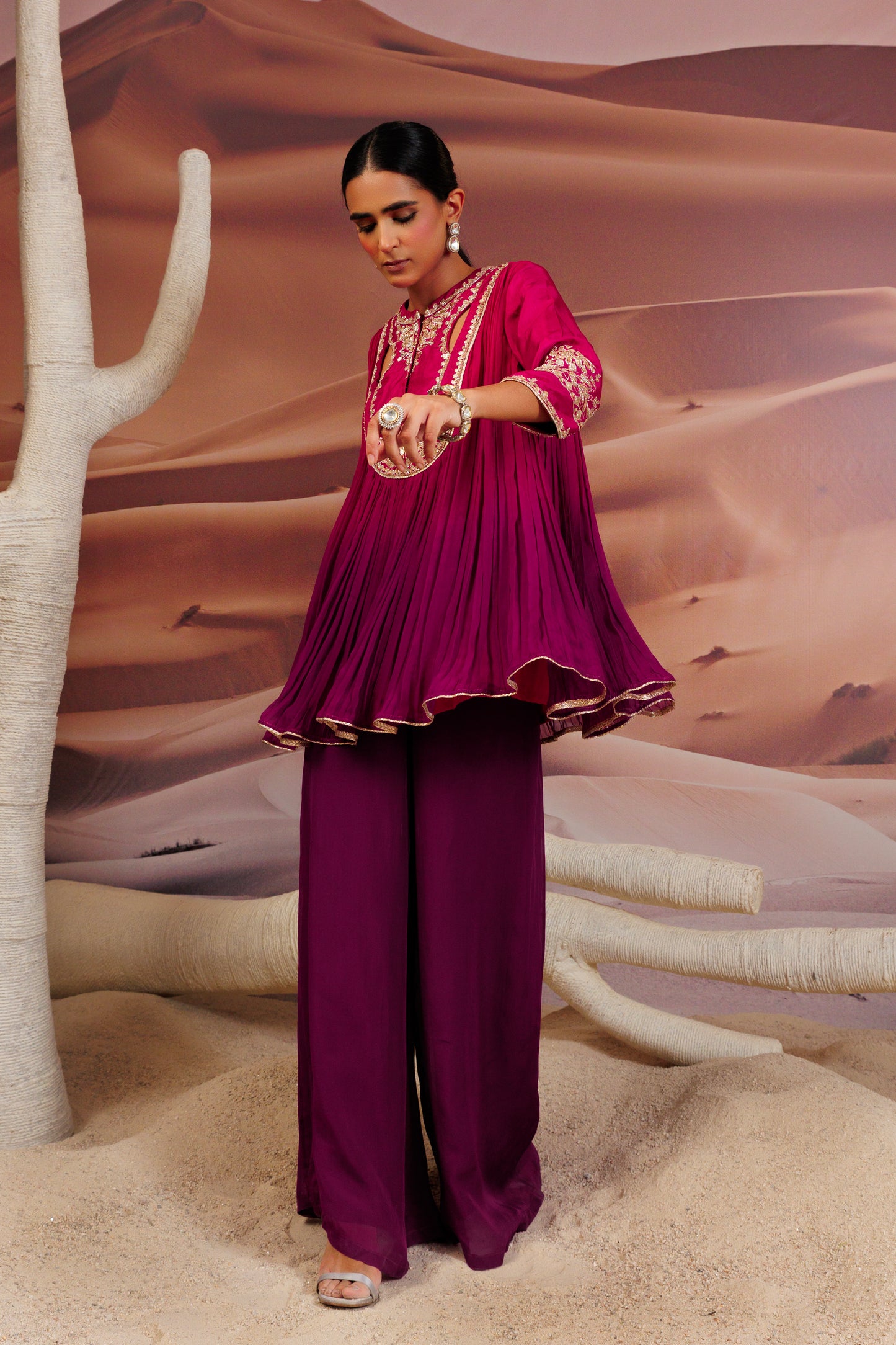 Fuschia purple shaded pleated top and palazo pant