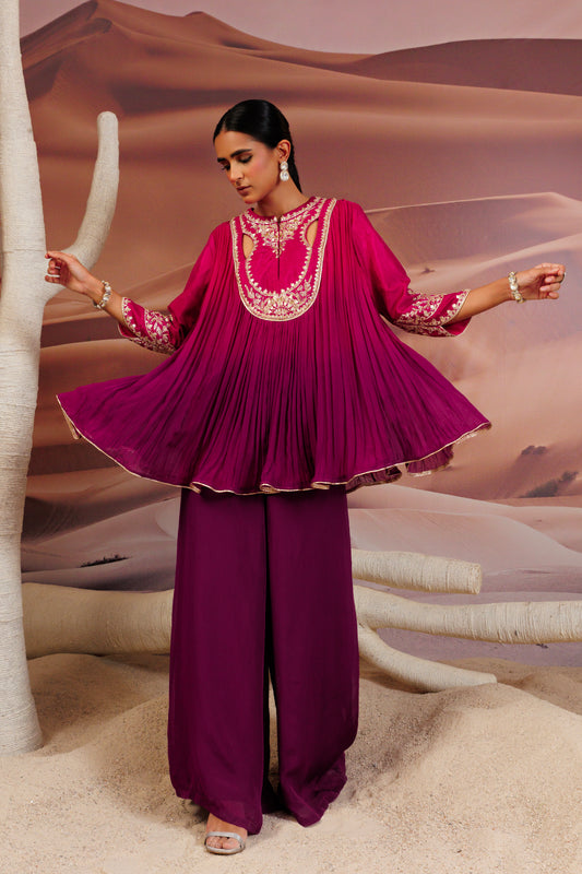 Fuschia purple shaded pleated top and palazo pant