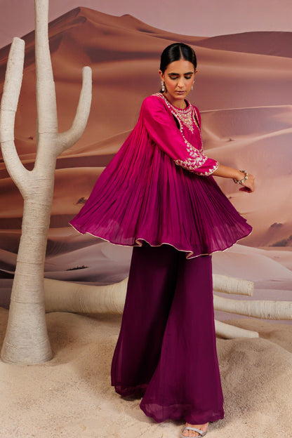 Fuschia purple shaded pleated top and palazo pant