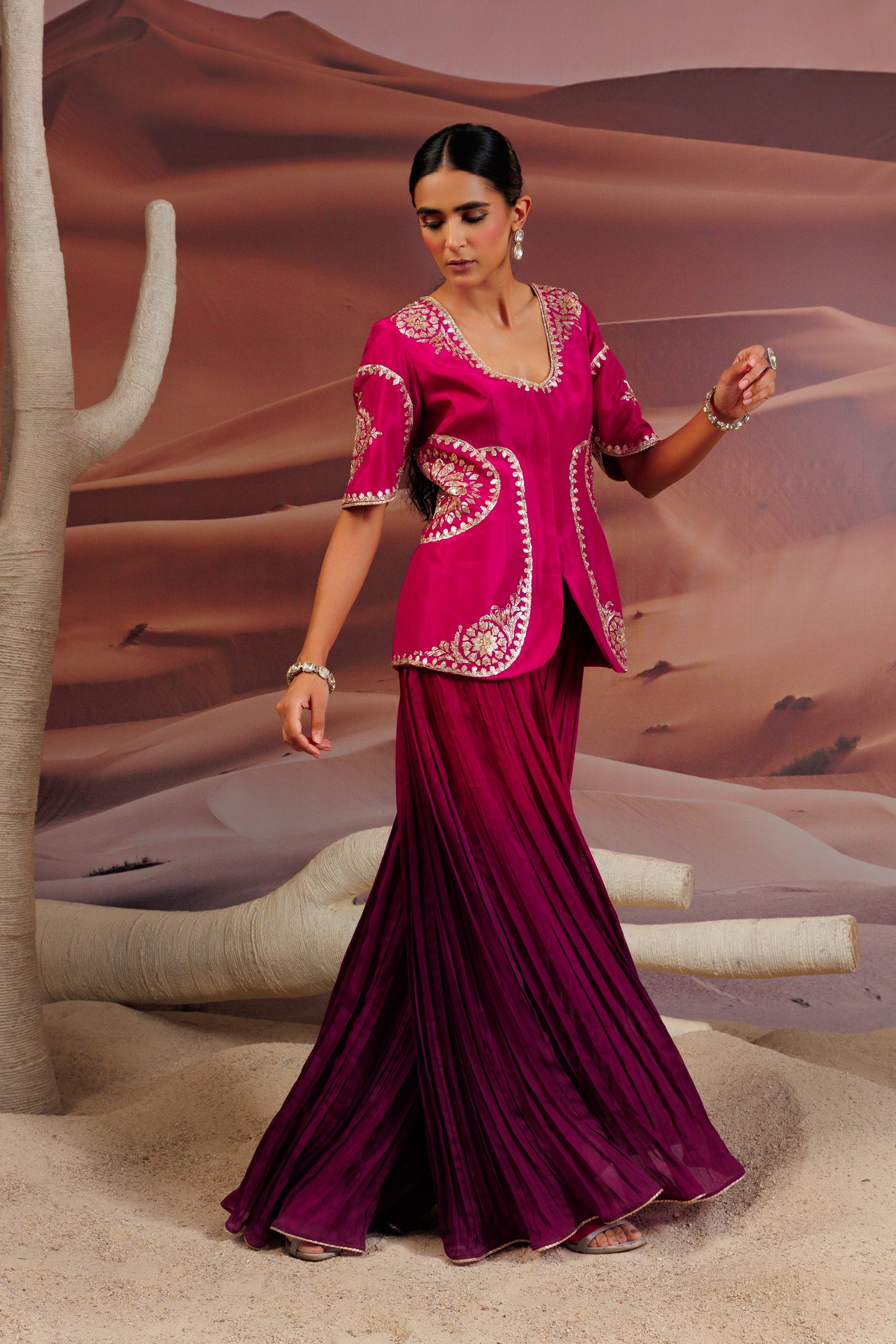 Fuschia embroidered jacket top and fushcia purple pleated palazo pant