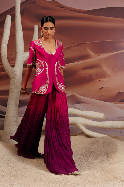 Fuschia embroidered jacket top and fushcia purple pleated palazo pant
