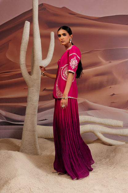 Fuschia embroidered jacket top and fushcia purple pleated palazo pant