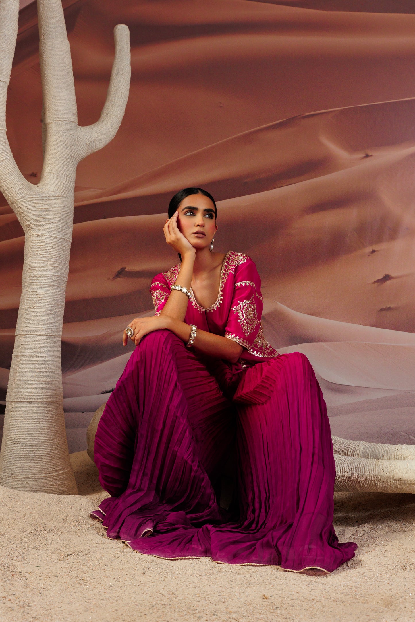 Fuschia embroidered jacket top and fushcia purple pleated palazo pant