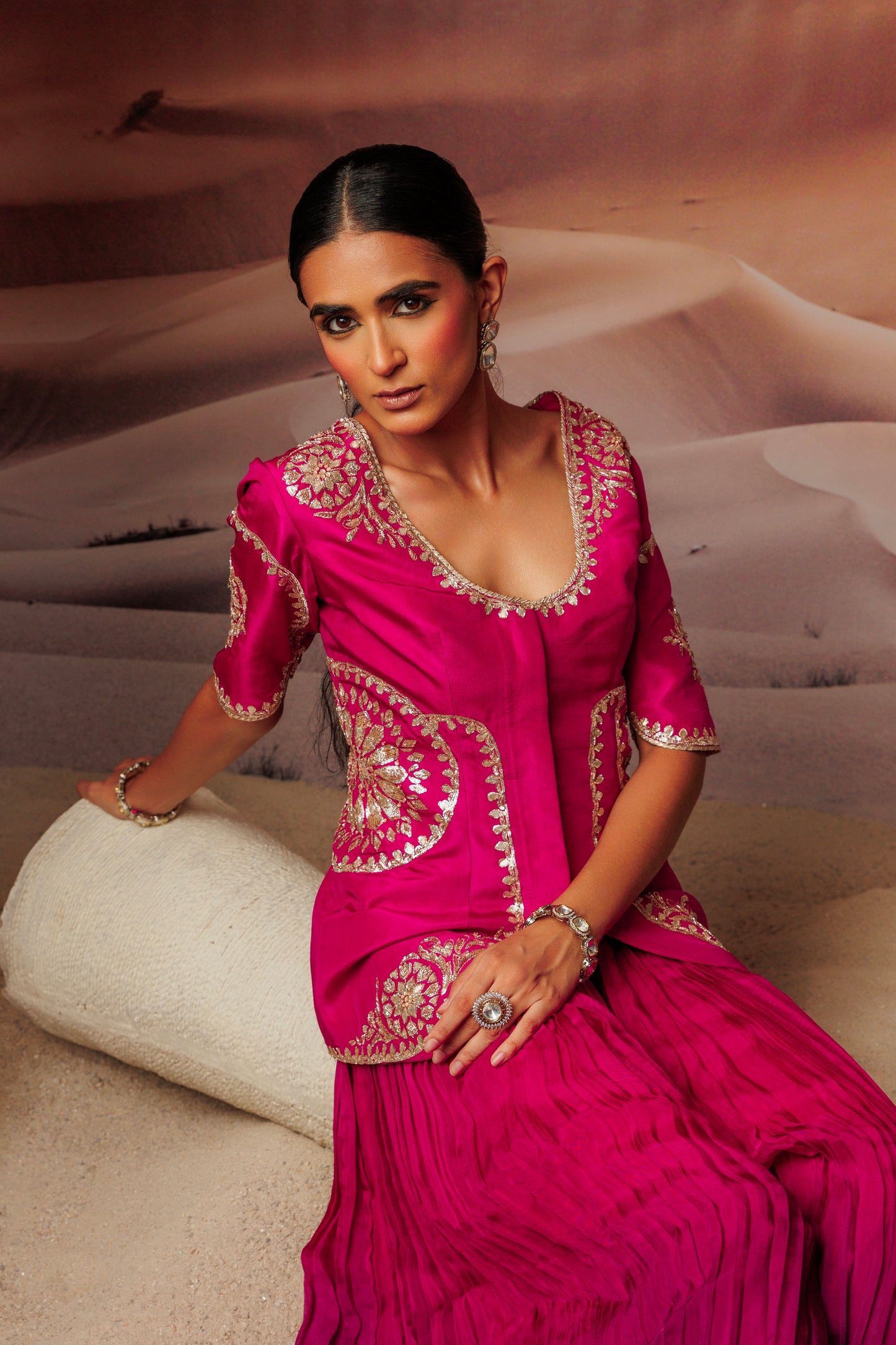 Fuschia embroidered jacket top and fushcia purple pleated palazo pant