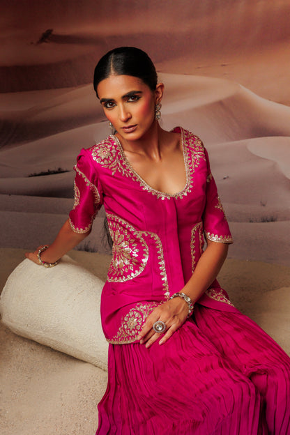 Fuschia embroidered jacket top and fushcia purple pleated palazo pant