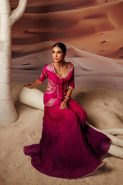 Fuschia embroidered jacket top and fushcia purple pleated palazo pant