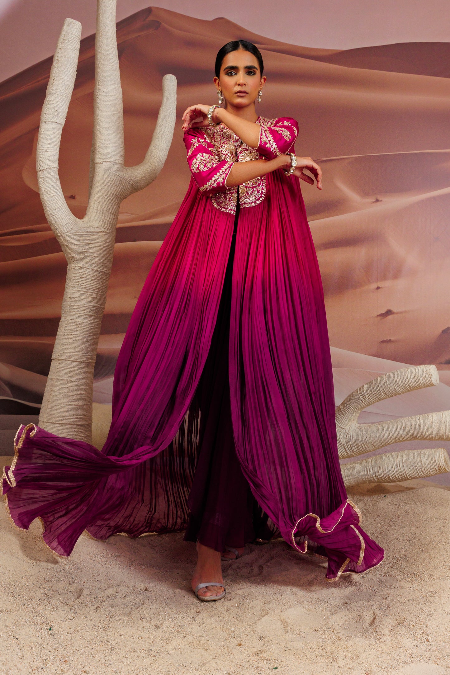 Fuschia purple shaded pleated cape with embroidered yoke and sleeve