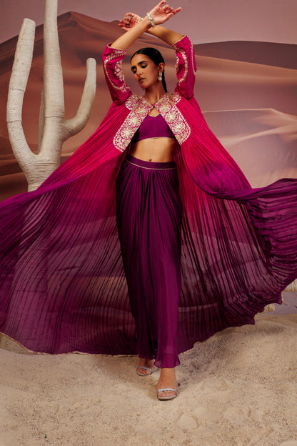 Fuschia purple shaded pleated cape with embroidered yoke and sleeve