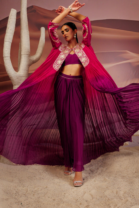 Fuschia purple shaded pleated cape with embroidered yoke and sleeve