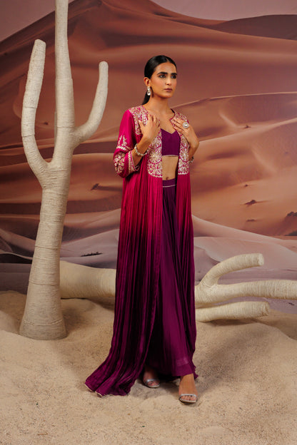 Fuschia purple shaded pleated cape with embroidered yoke and sleeve