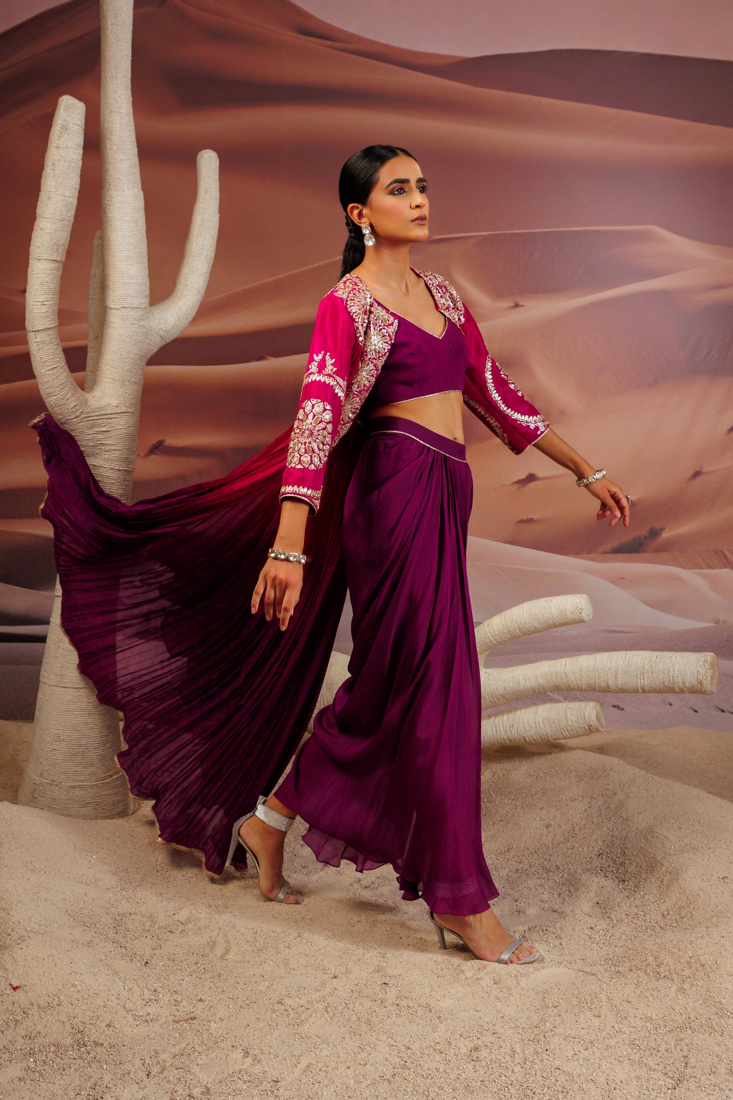 Fuschia purple shaded pleated cape with embroidered yoke and sleeve