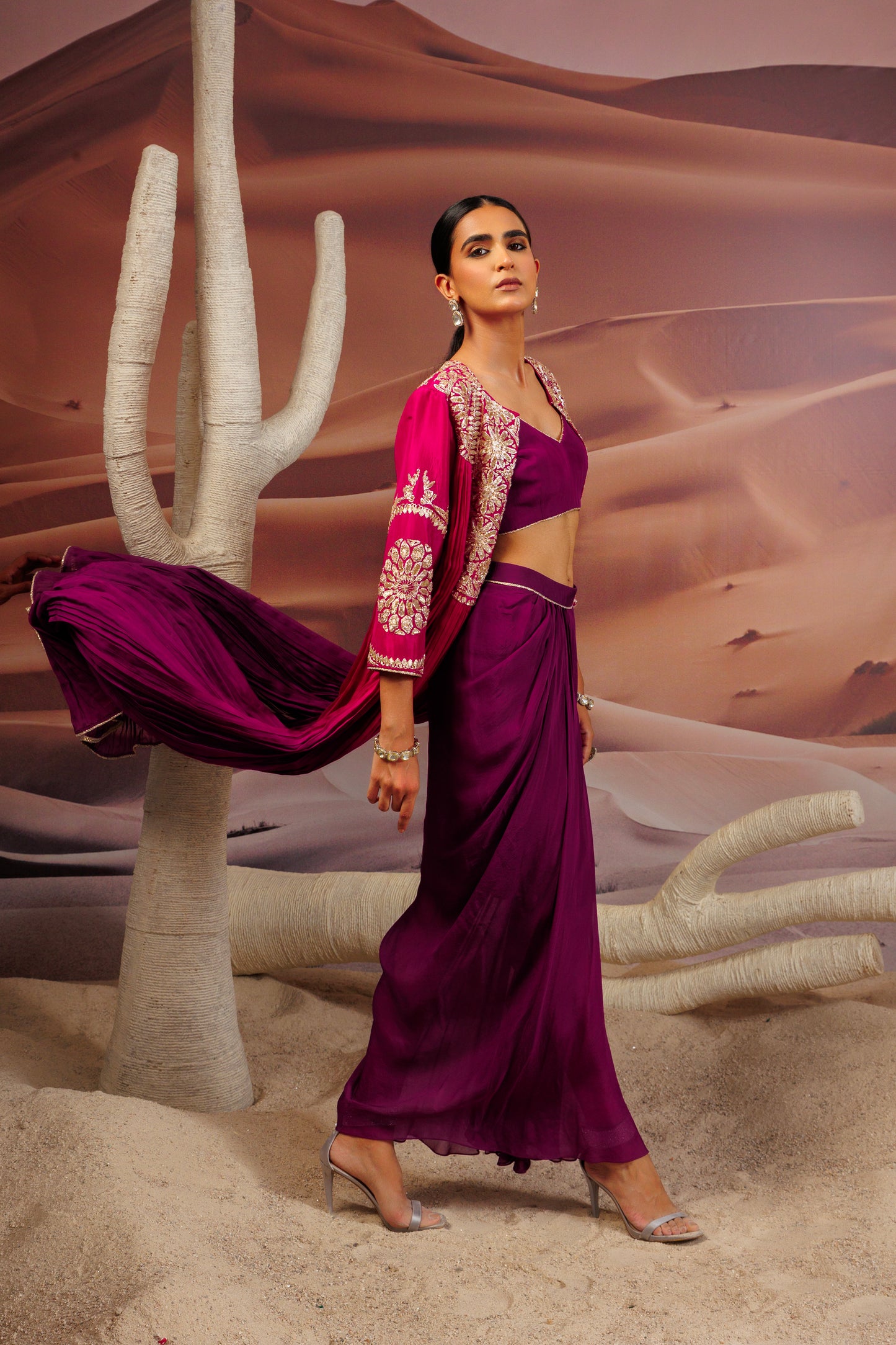 Fuschia purple shaded pleated cape with embroidered yoke and sleeve