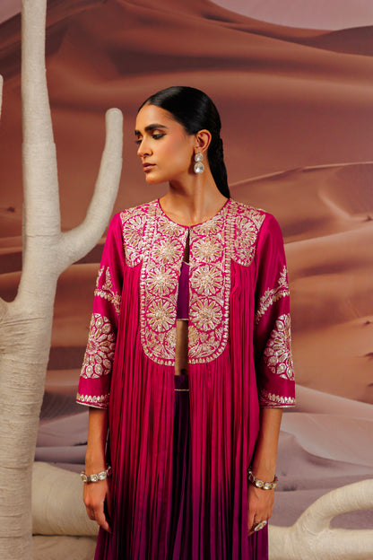 Fuschia purple shaded pleated cape with embroidered yoke and sleeve