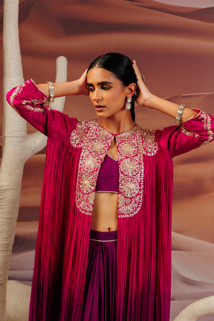 Fuschia purple shaded pleated cape with embroidered yoke and sleeve