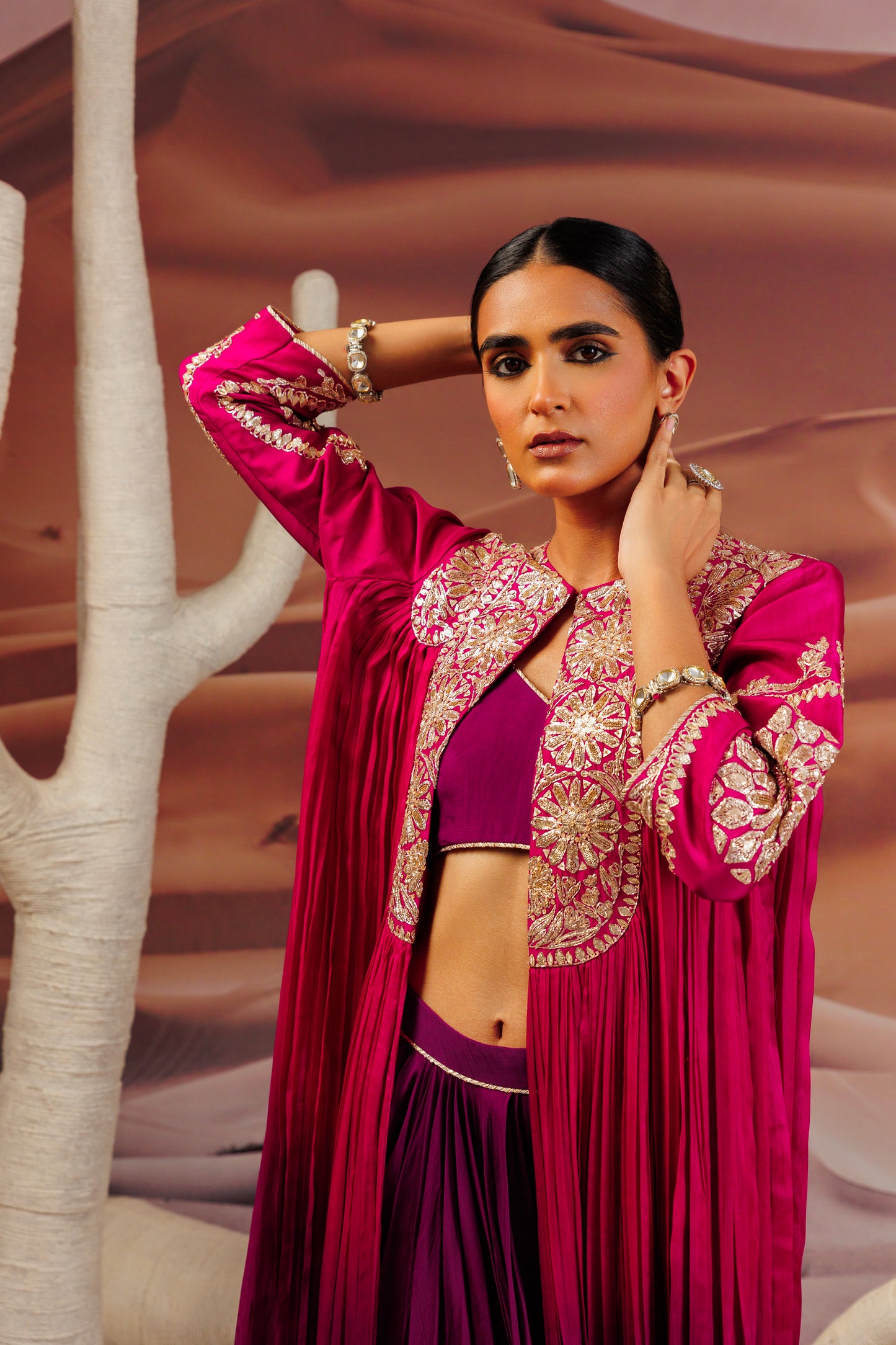 Fuschia purple shaded pleated cape with embroidered yoke and sleeve