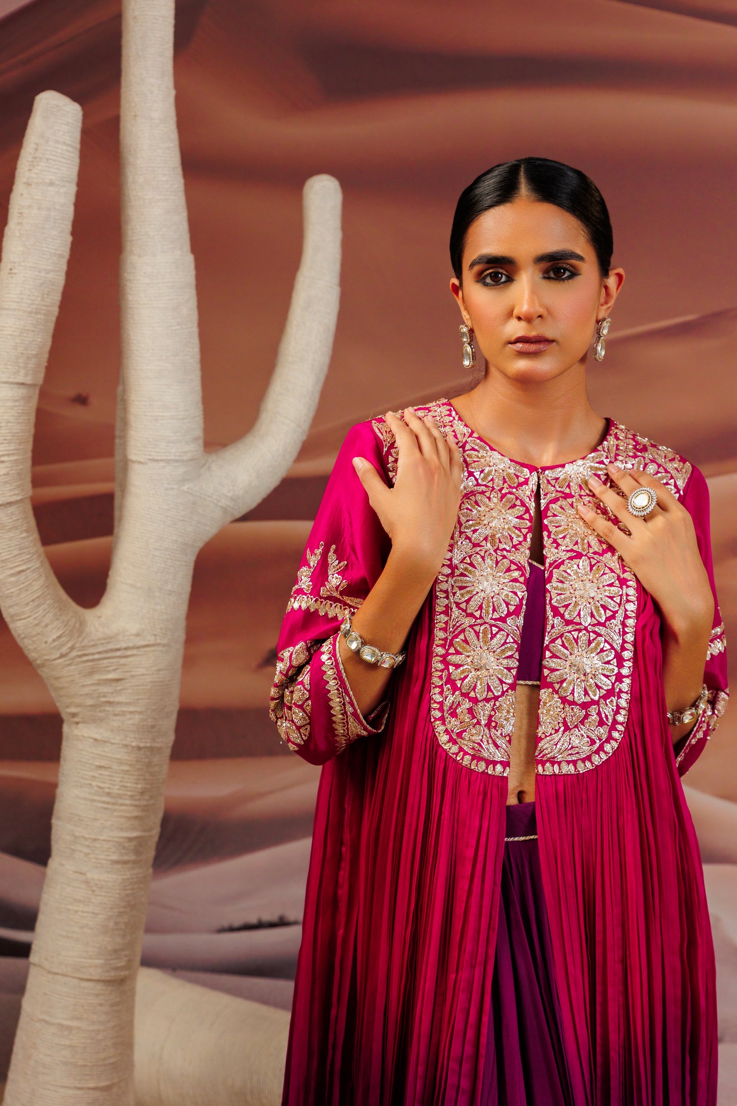 Fuschia purple shaded pleated cape with embroidered yoke and sleeve