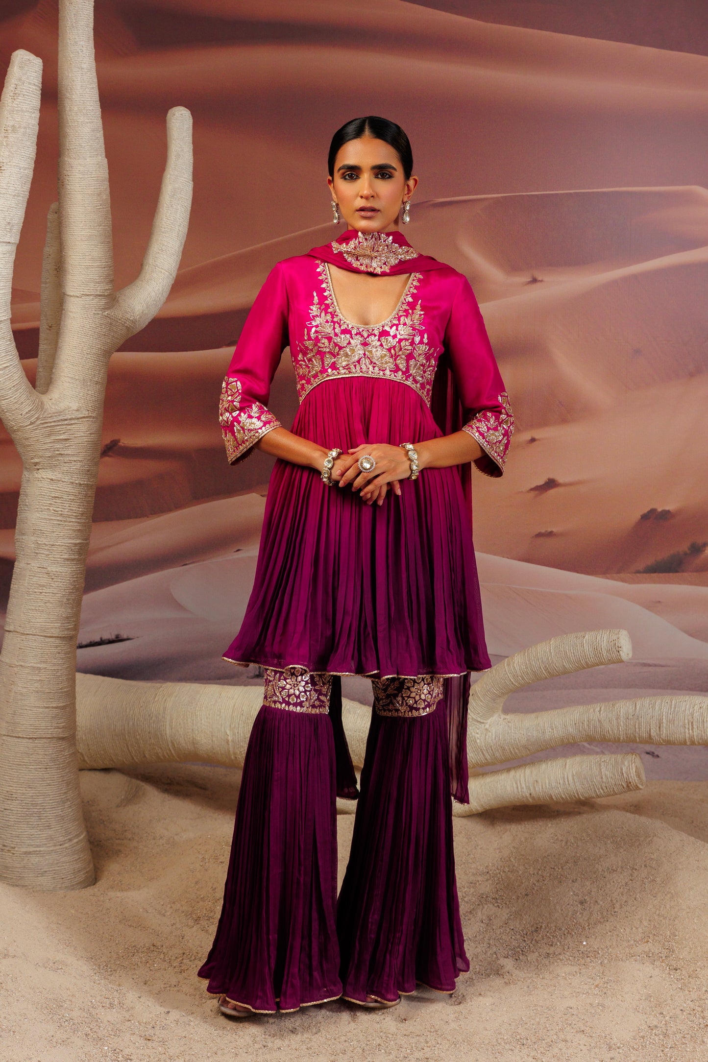 Fuschia purple shaded pleated flare top and  sharara pants