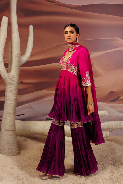 Fuschia purple shaded pleated flare top and  sharara pants