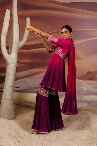 Fuschia purple shaded pleated flare top and  sharara pants