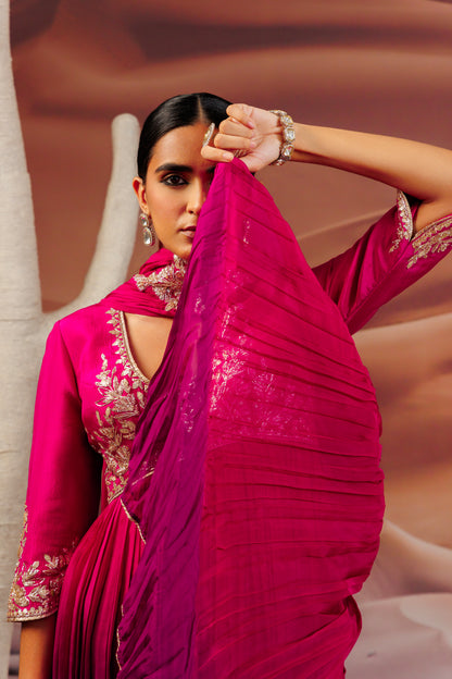 Fuschia purple shaded pleated flare top and  sharara pants