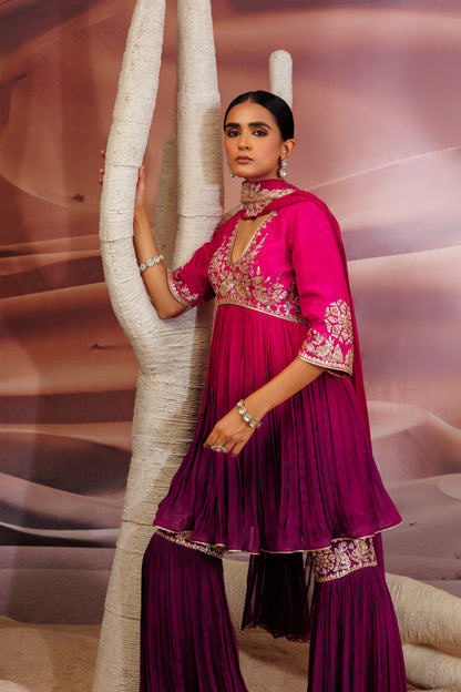 Fuschia purple shaded pleated flare top and  sharara pants