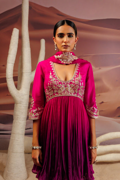 Fuschia purple shaded pleated flare top and  sharara pants