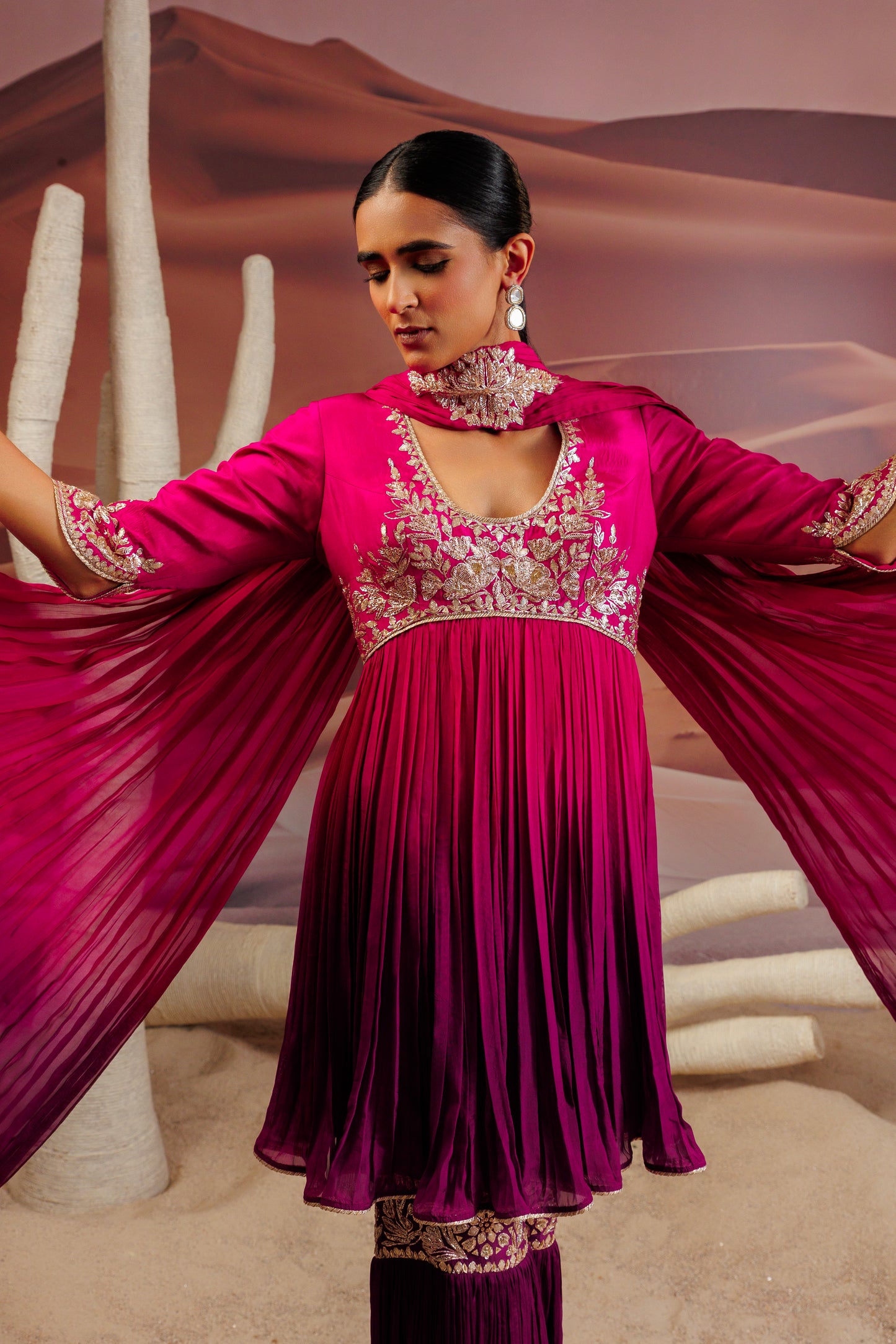 Fuschia purple shaded pleated flare top and  sharara pants